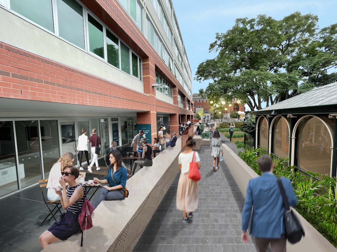 Artist Image depicting people relaxing on purpose-built seating,  and some walking through Paxtons Walk on upgraded paving.