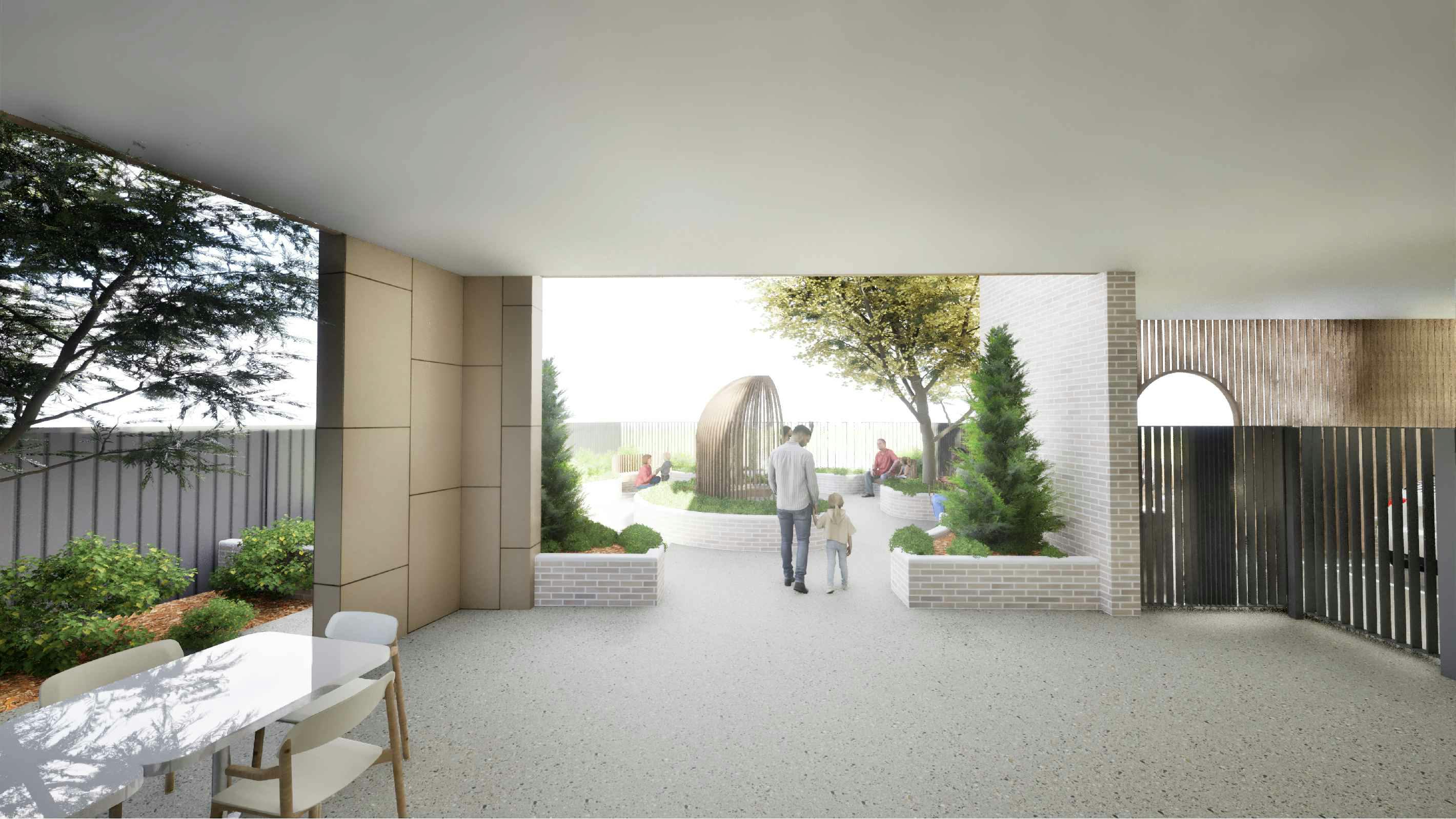 Perspective drawing of ground floor undercover and outdoor space.