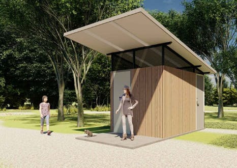 Example toilet image, depicted as an artists impression, with two people nearby, in a park