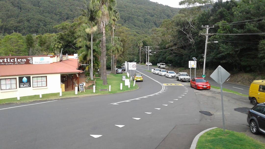 Road and streetscape at Stanwell Park that will be upgraded with new paving, tree planting, parking bays and other pedestrian access and safety improvements. 