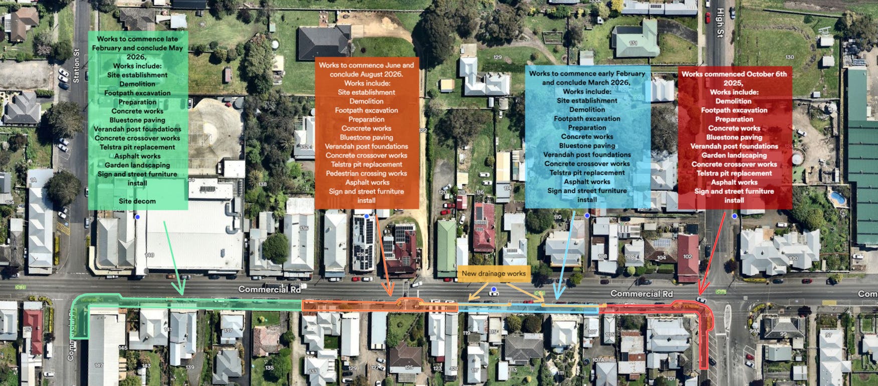 An aerial photo showing the works areas along Commercial Road, Koroit