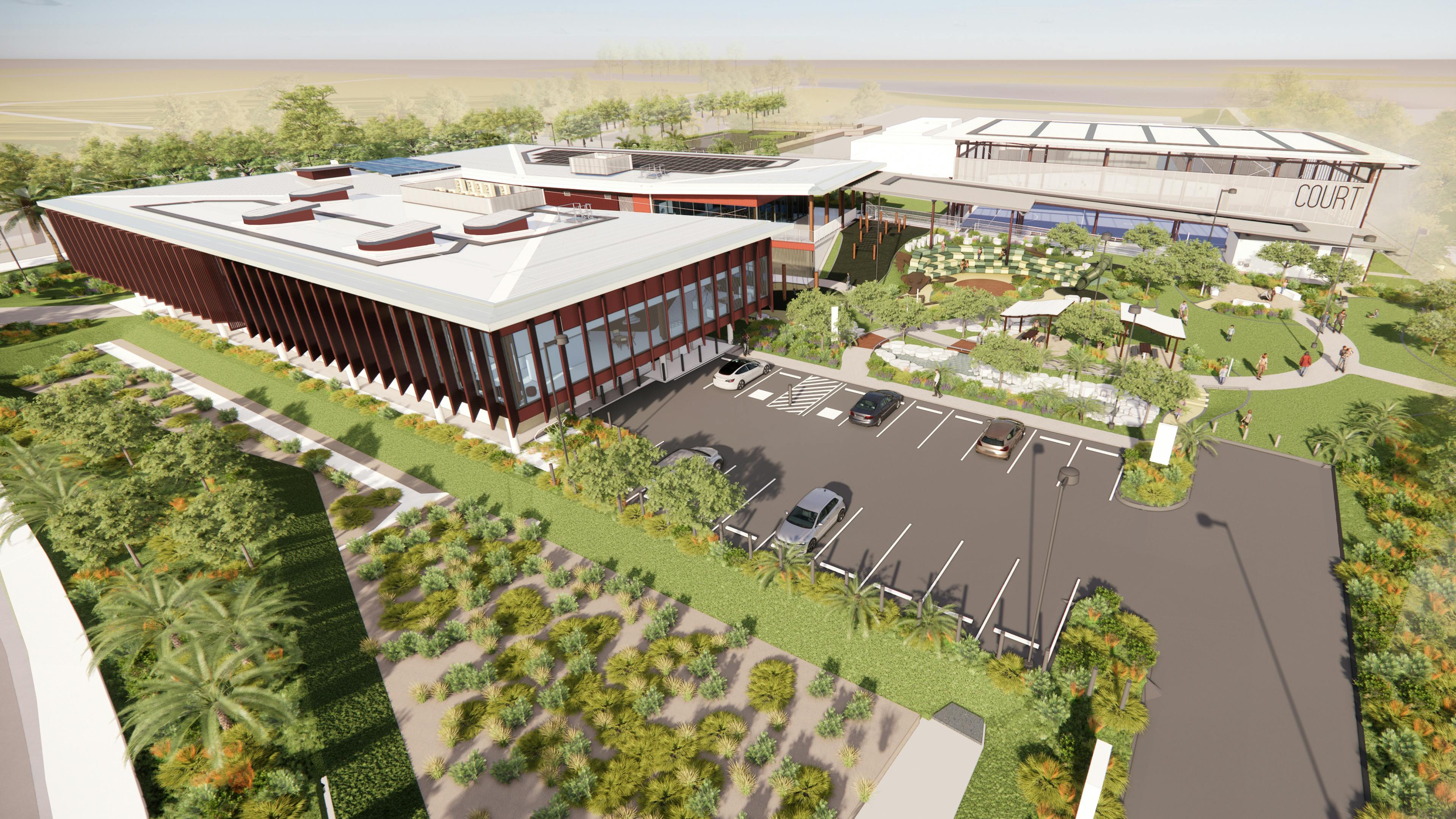 An aerial view of the nature play area with Stage 1B building to the west and multi-purpose sporting court to the north.*Image is for illustrative purposes only and subject to change.