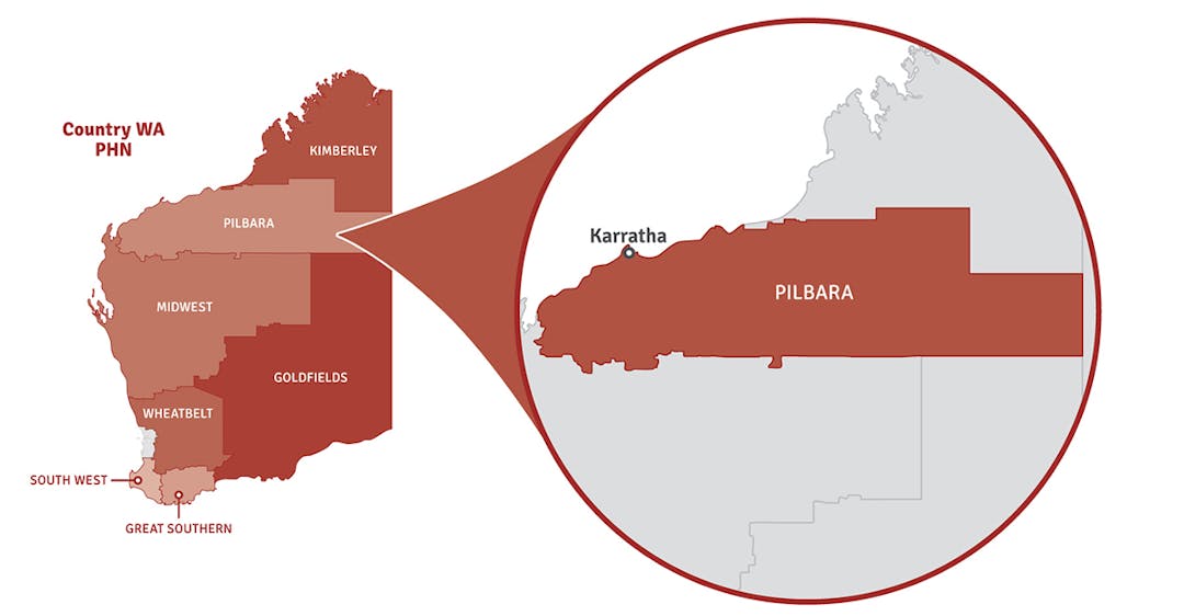 Break out map of Pilbara region Map of Western Australia showing location of Pilbara region in a pop out circle.