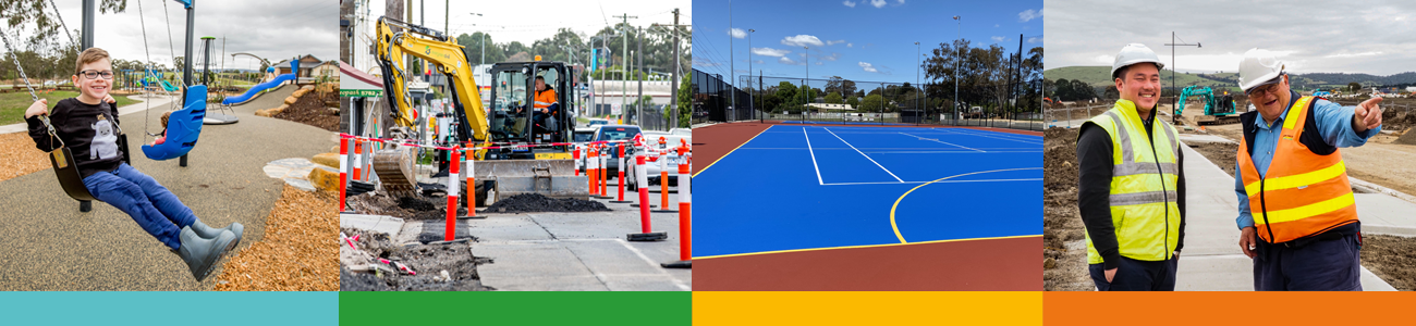 Collage of boy at playground, machinery digging up ground, a mural, a footpath and people with a dog 