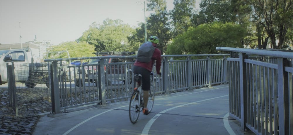 Cyclist travelling north on the East Brisbane Bikeway leaving Moorhen Flats.