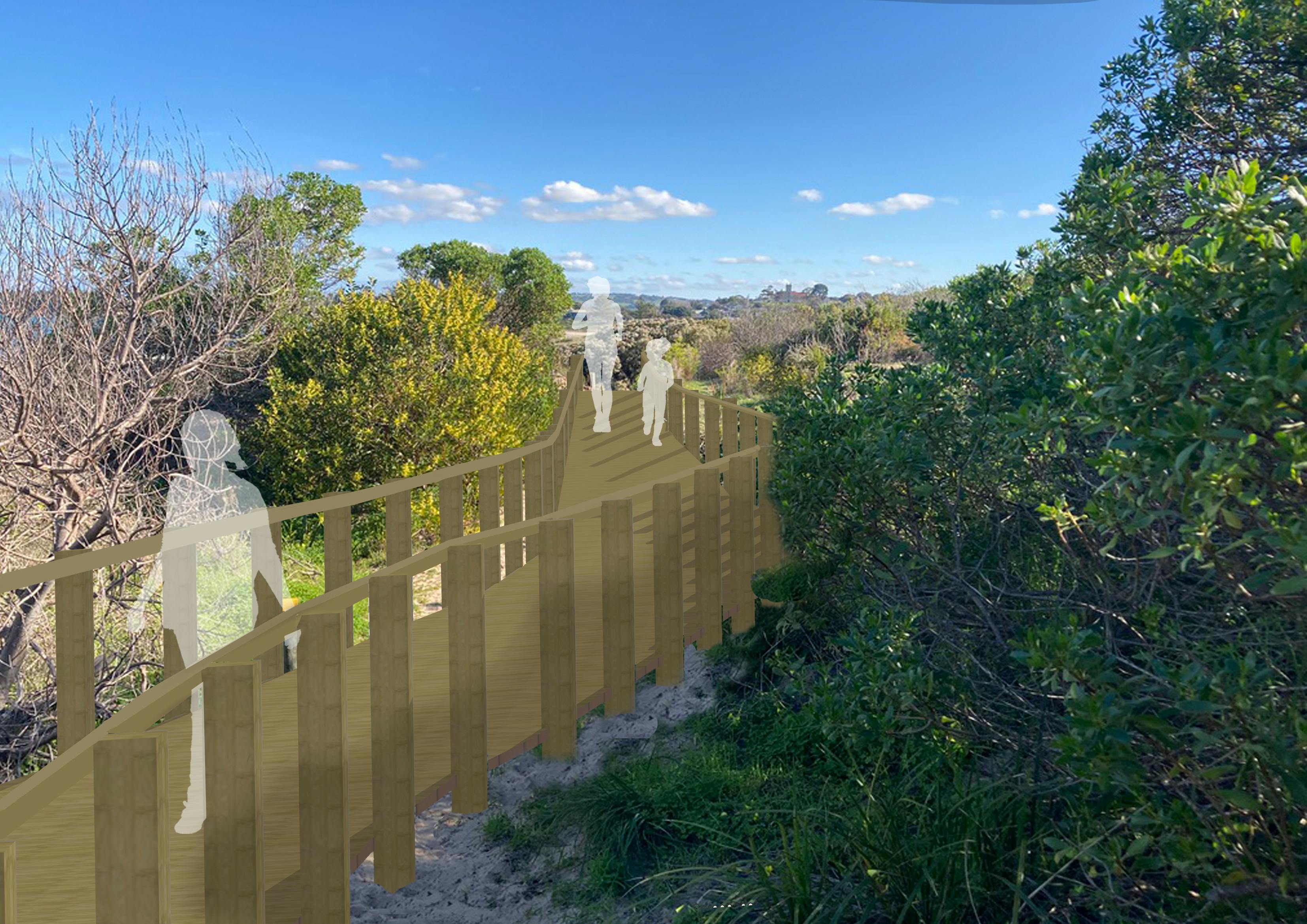 Realignment Option 2 - Visualisation of boardwalk from Hayward Court Stairs into the dunes and Hindmarsh Lagoon