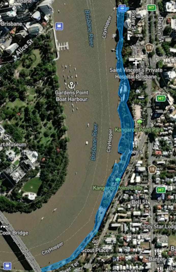 Study area from Captain Cook Bridge to Thornton Street, Kangaroo Point.