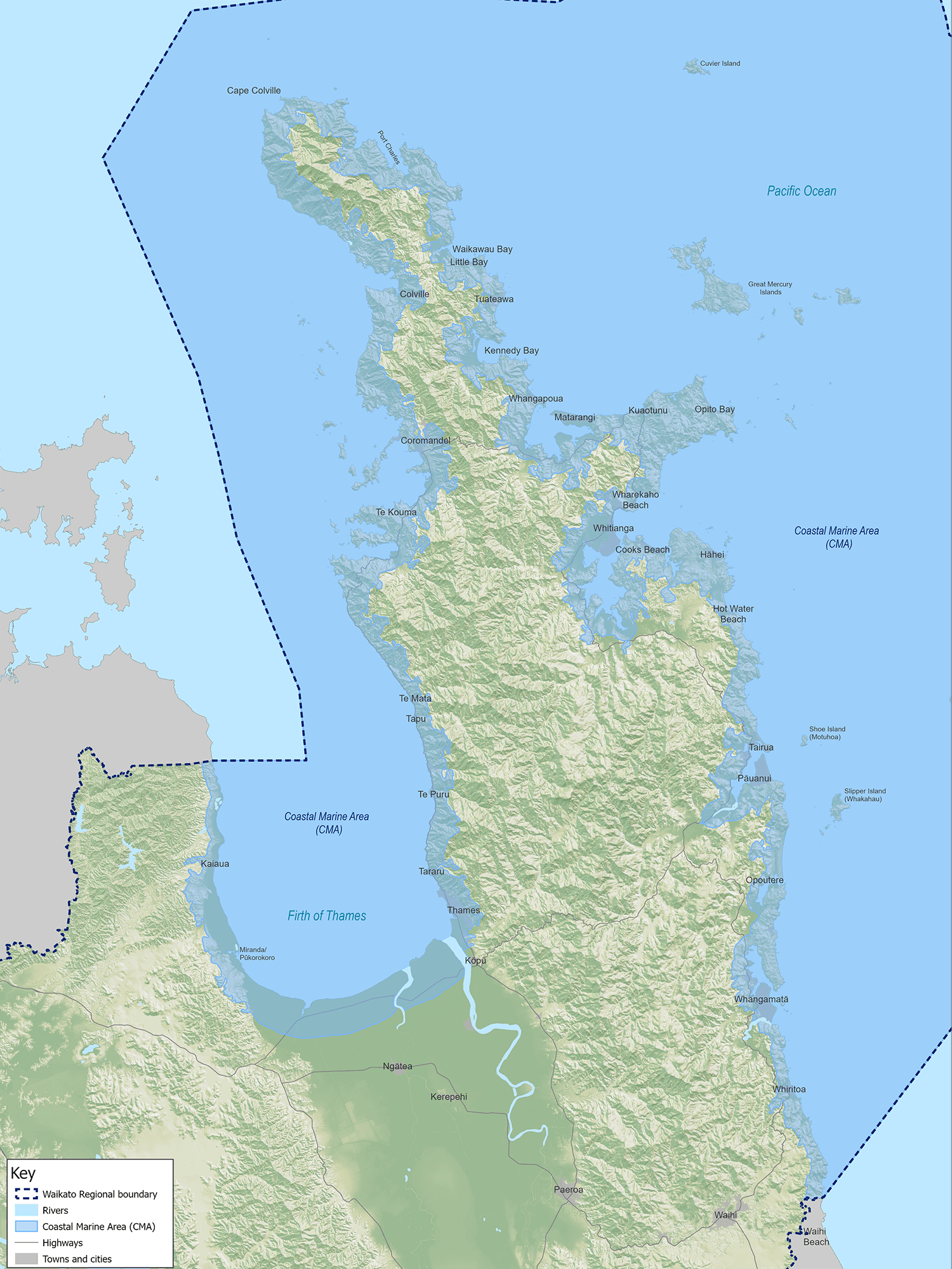 Map of Coromandel Peninsula and Hauraki Gulf CMA