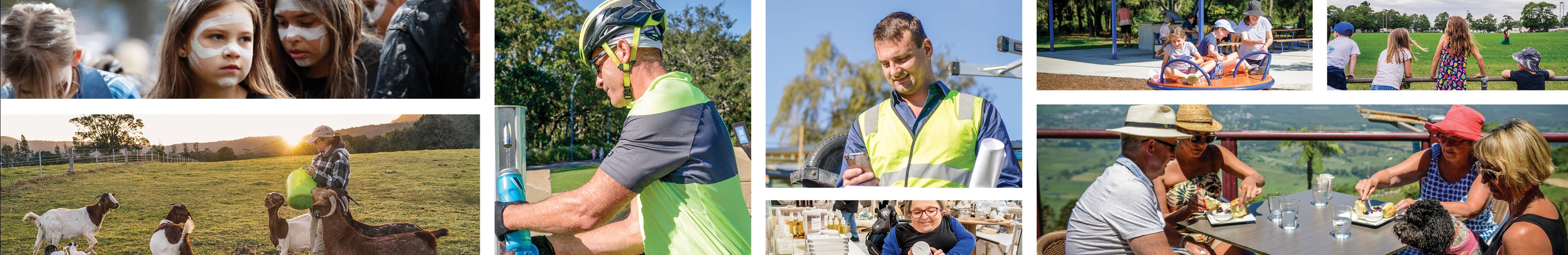 A collection of images of Shoalhaven community members doing daily tasks like riding a bike, playing at a playground etc.