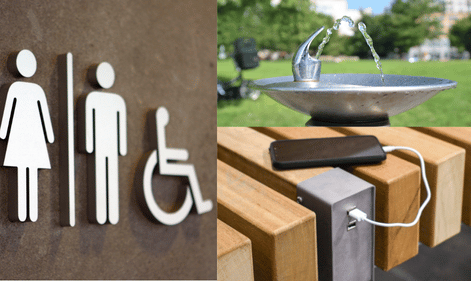 Amenities. For example: drinking water fountain, charging stations or public toilet facilities.