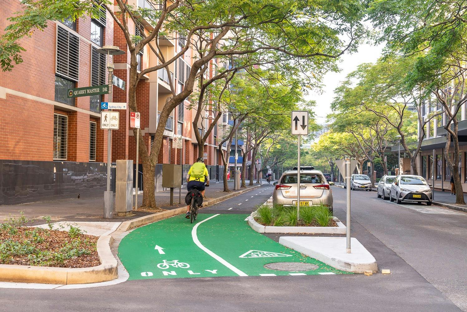 Example of a permanent installation of a protected, on-road bike lane