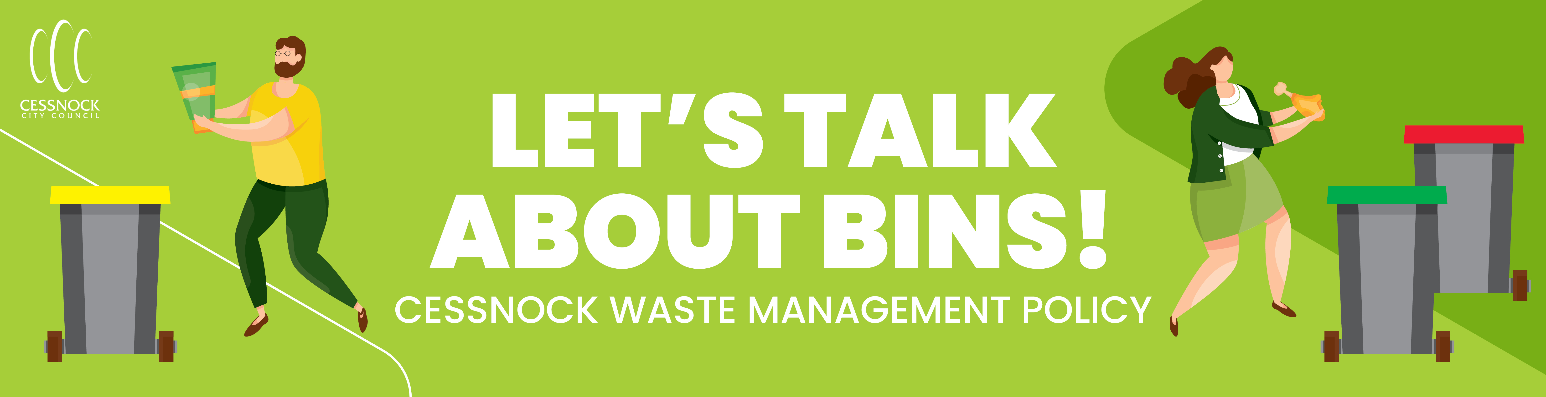 Illustration of people using organics, recycling and general waste bins. In the middle is the text Let's talk about bins!