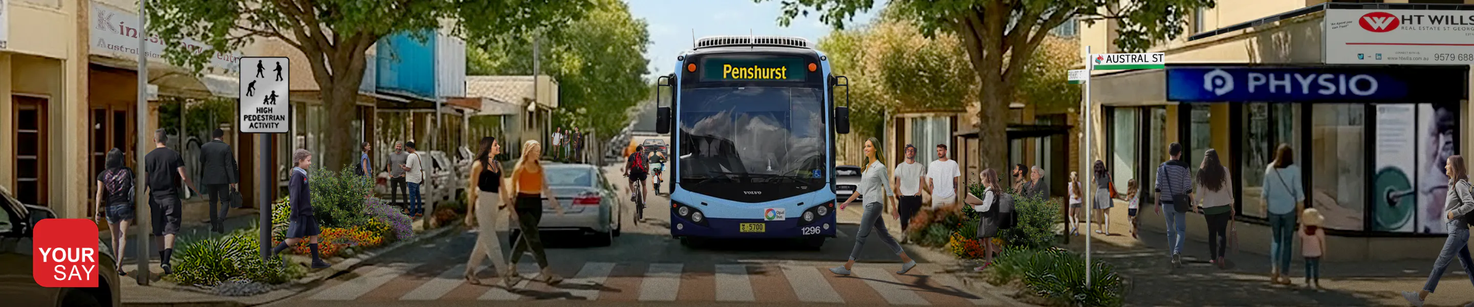 A render of a bus approaching a pedestrian crossing at Penshurst Street, Penshurst. 