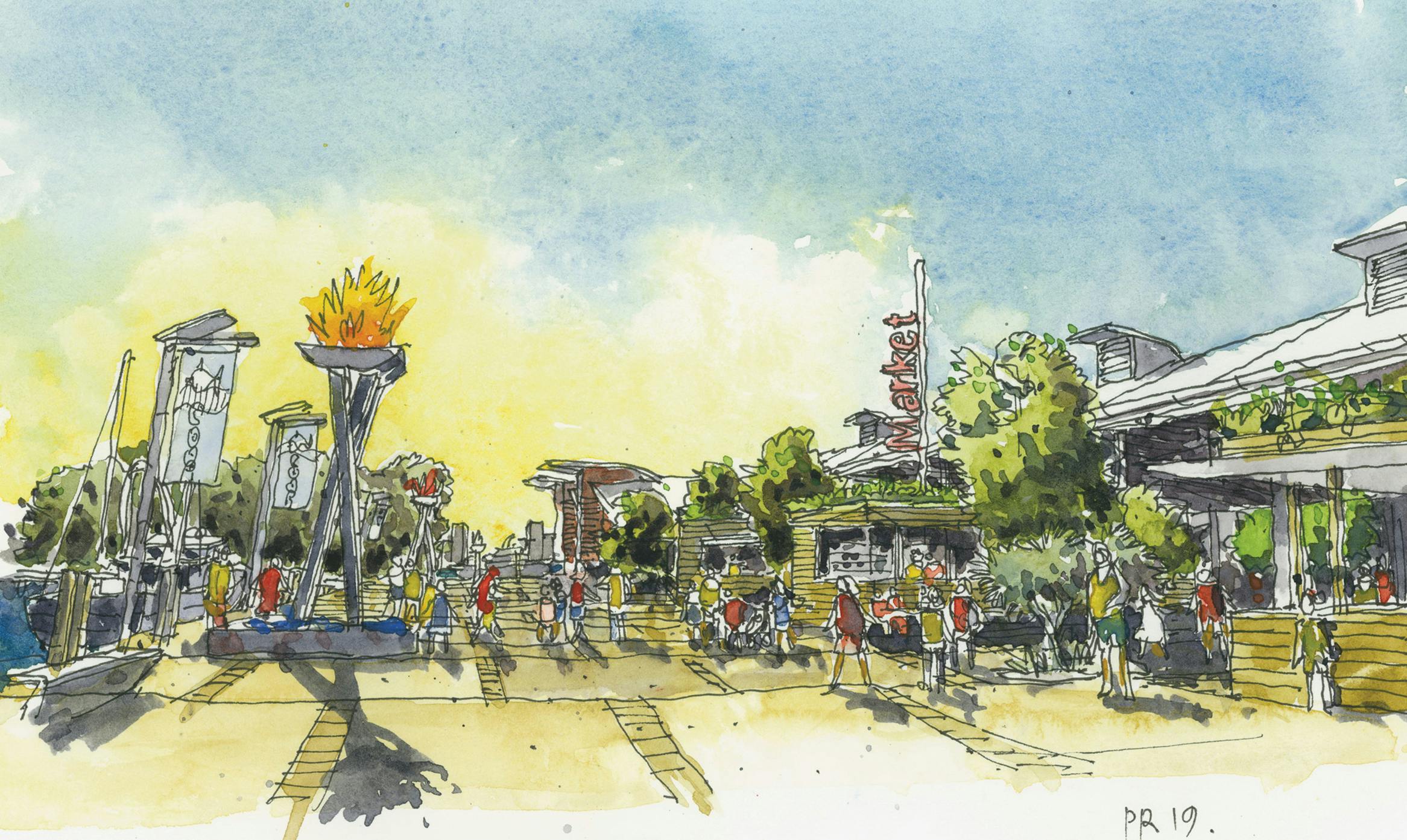 Artist impression of Carters Basin, a new market and Aboriginal cultural centre in background.
