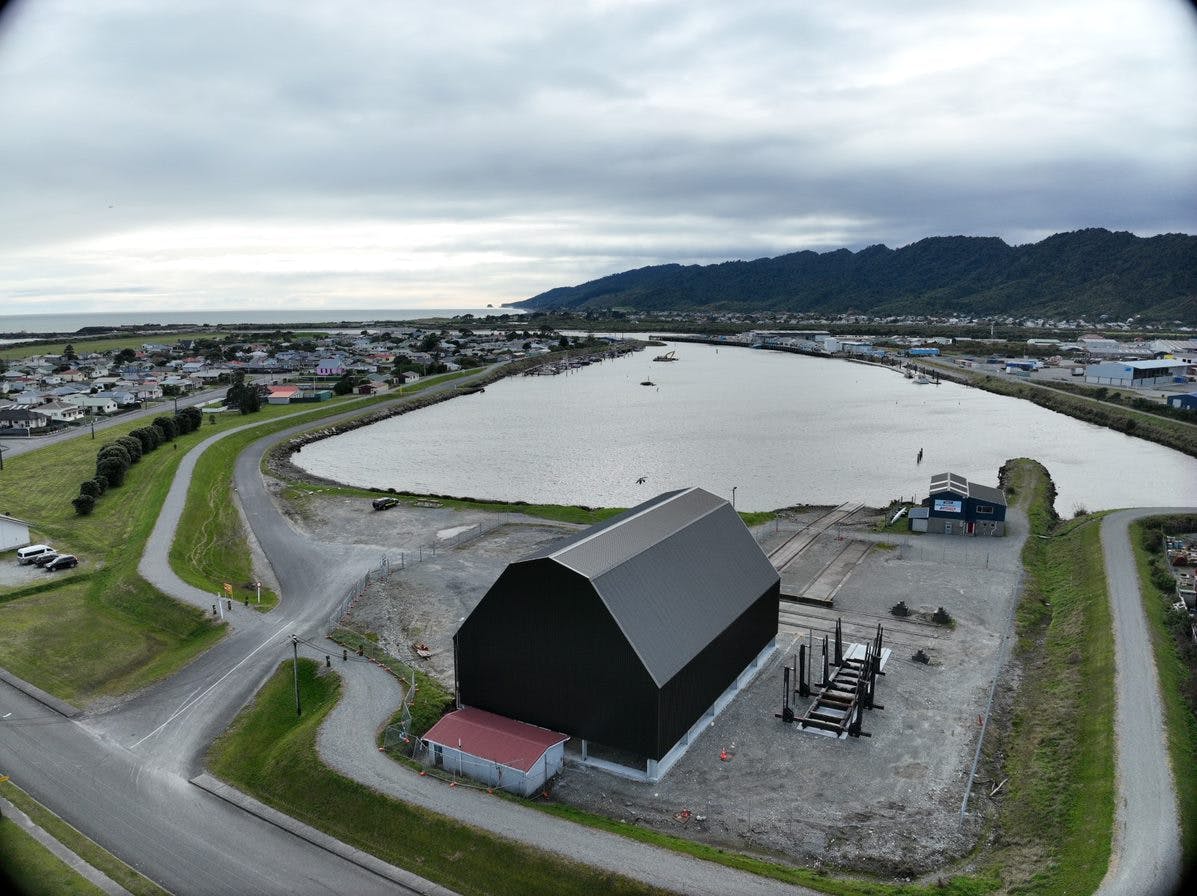Arial view of Greymouth Port with new Slipway Shed