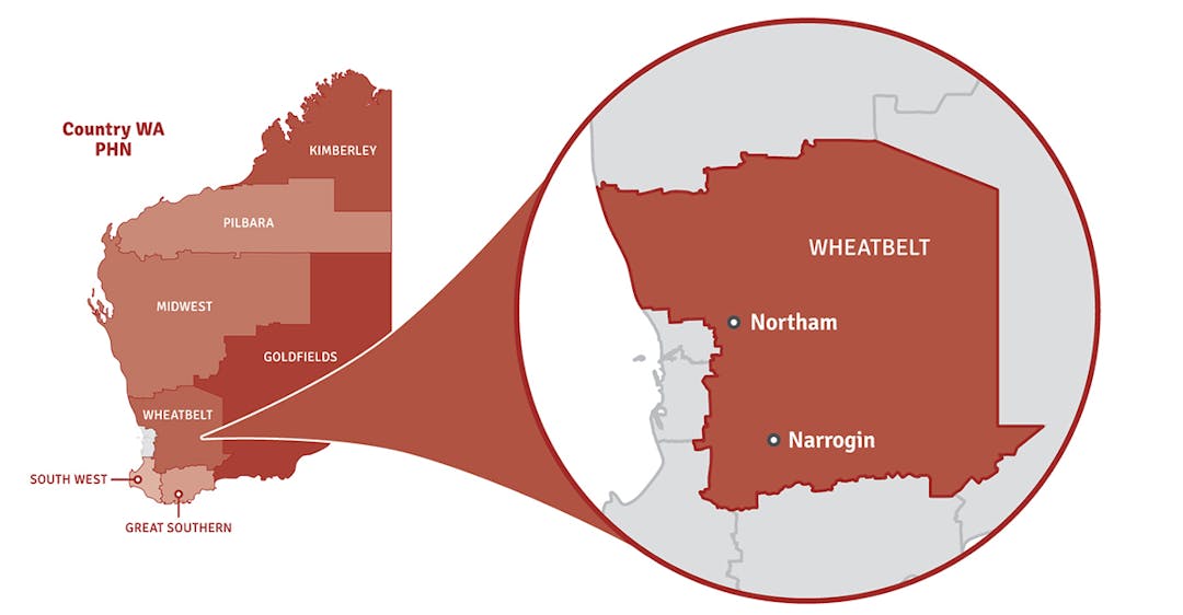 Break out map of Wheatbelt region Map of Western Australia showing location of Wheatbelt region in a pop out circle.