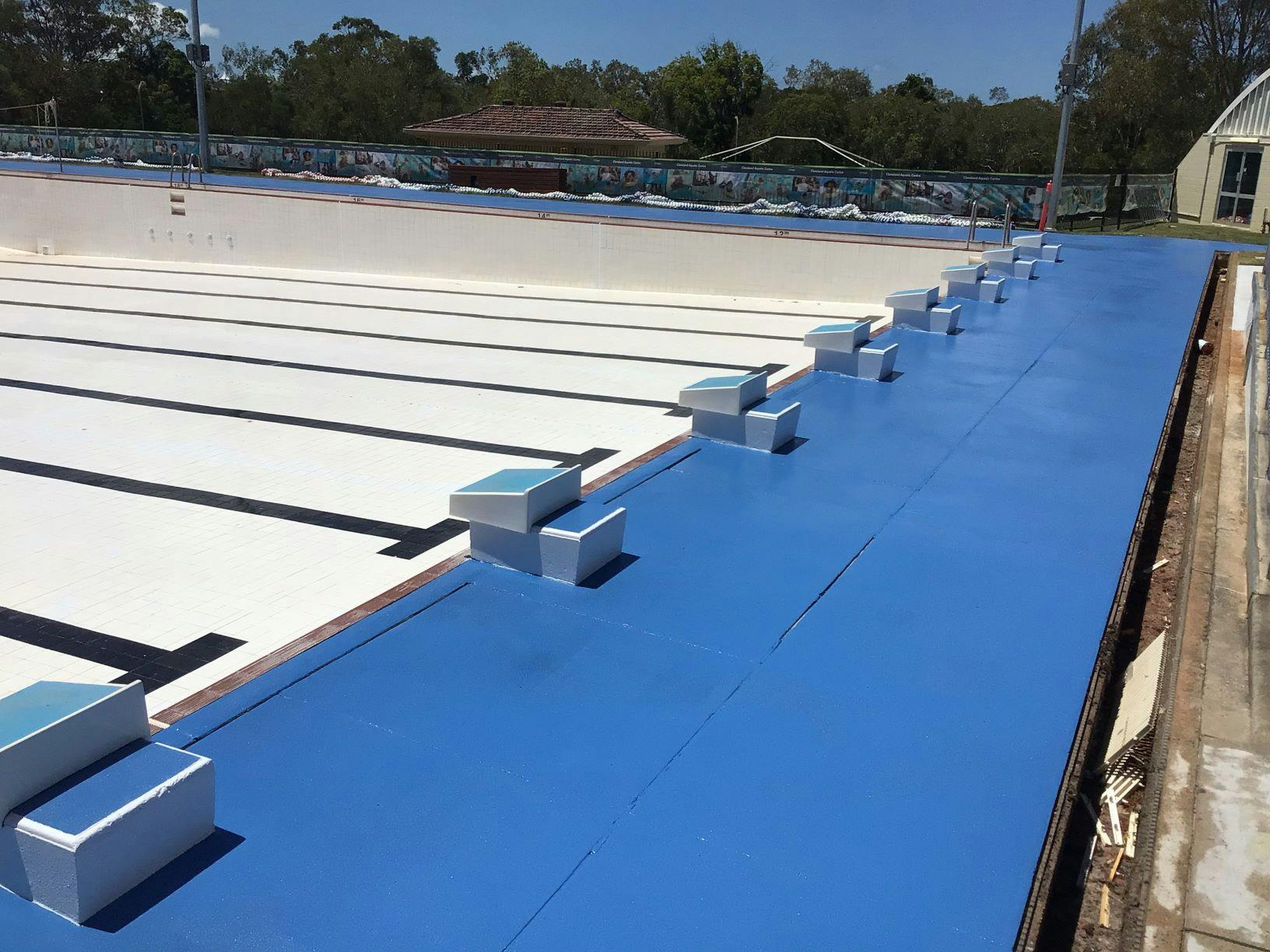 Newly completed  50 m  pool concourse and starter blocks