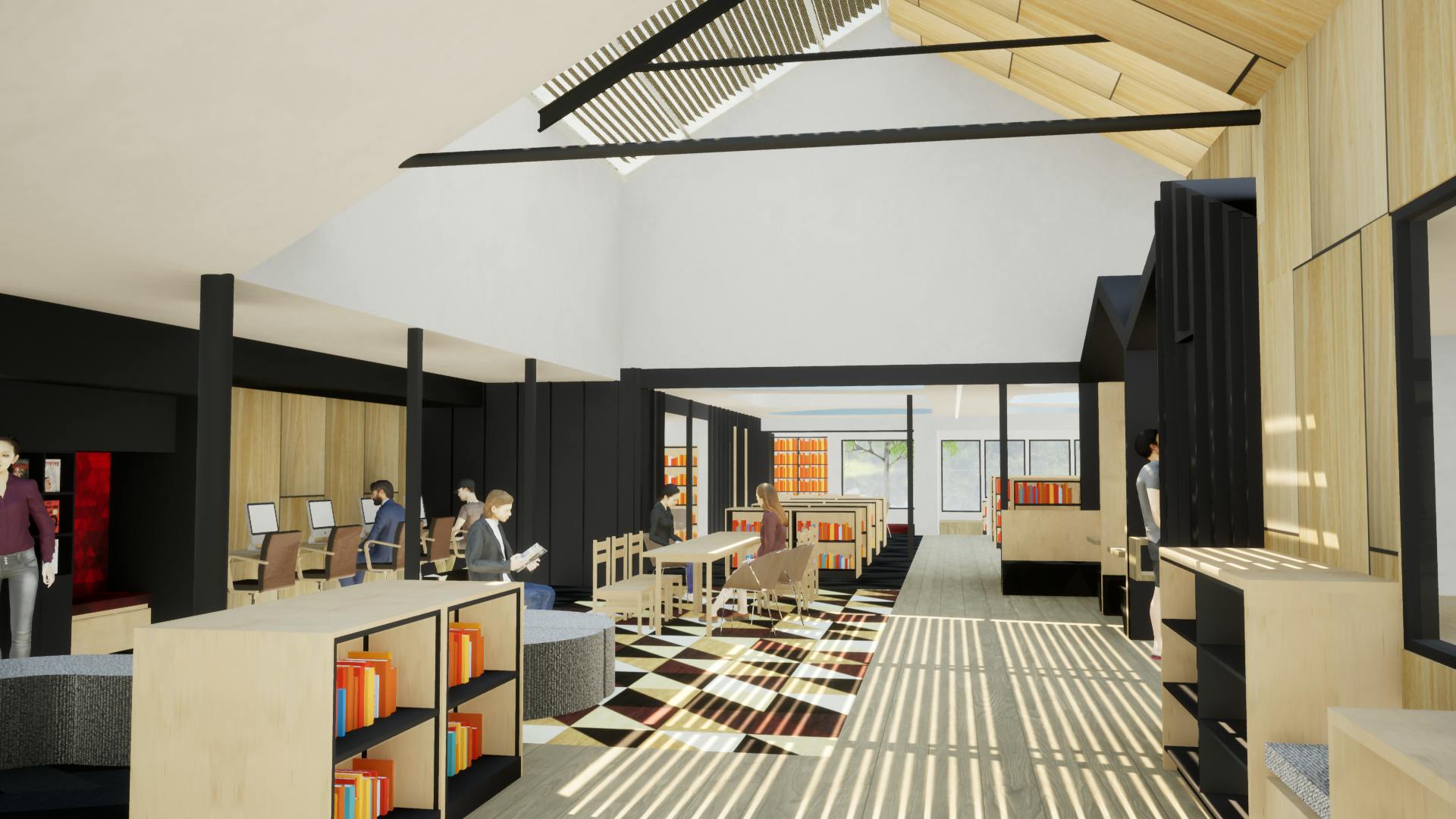 Internal View - front front door towards back of Library