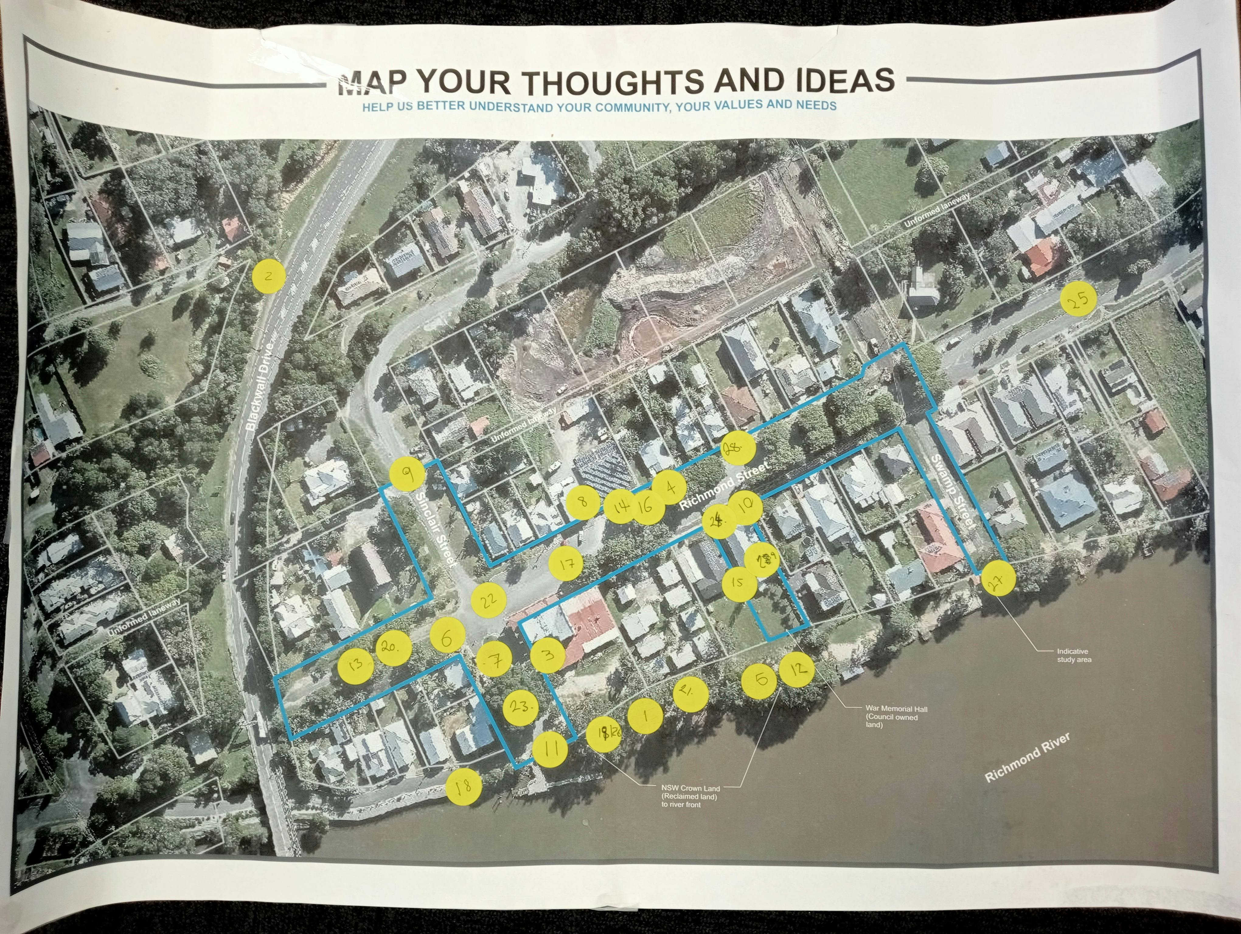 Thoughts and ideas mapped at community street stalls held November 2022