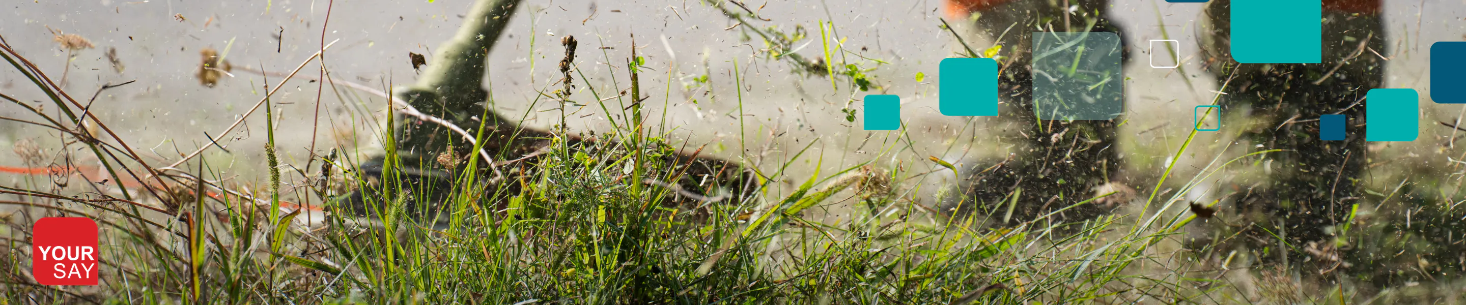 Image of a whipper snipper cutting through long grass. Image is closeup only showing lower portion of a worker in boots
