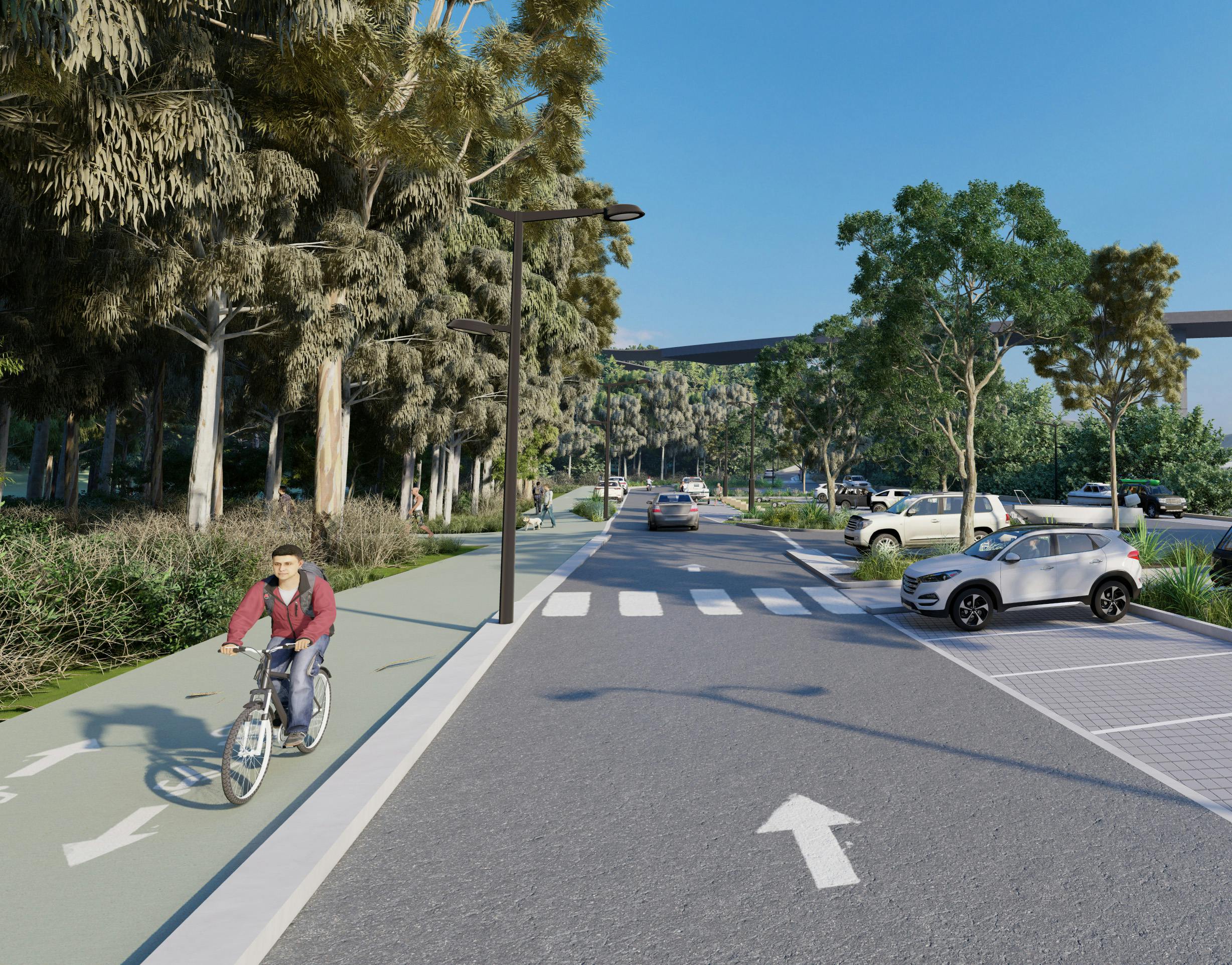Shared path and pedestrian crossing in carpark - visualisation