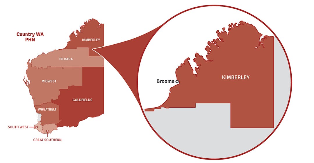 Break out map of Kimberley region Map of Western Australia showing location of Kimberley region in a pop out circle.