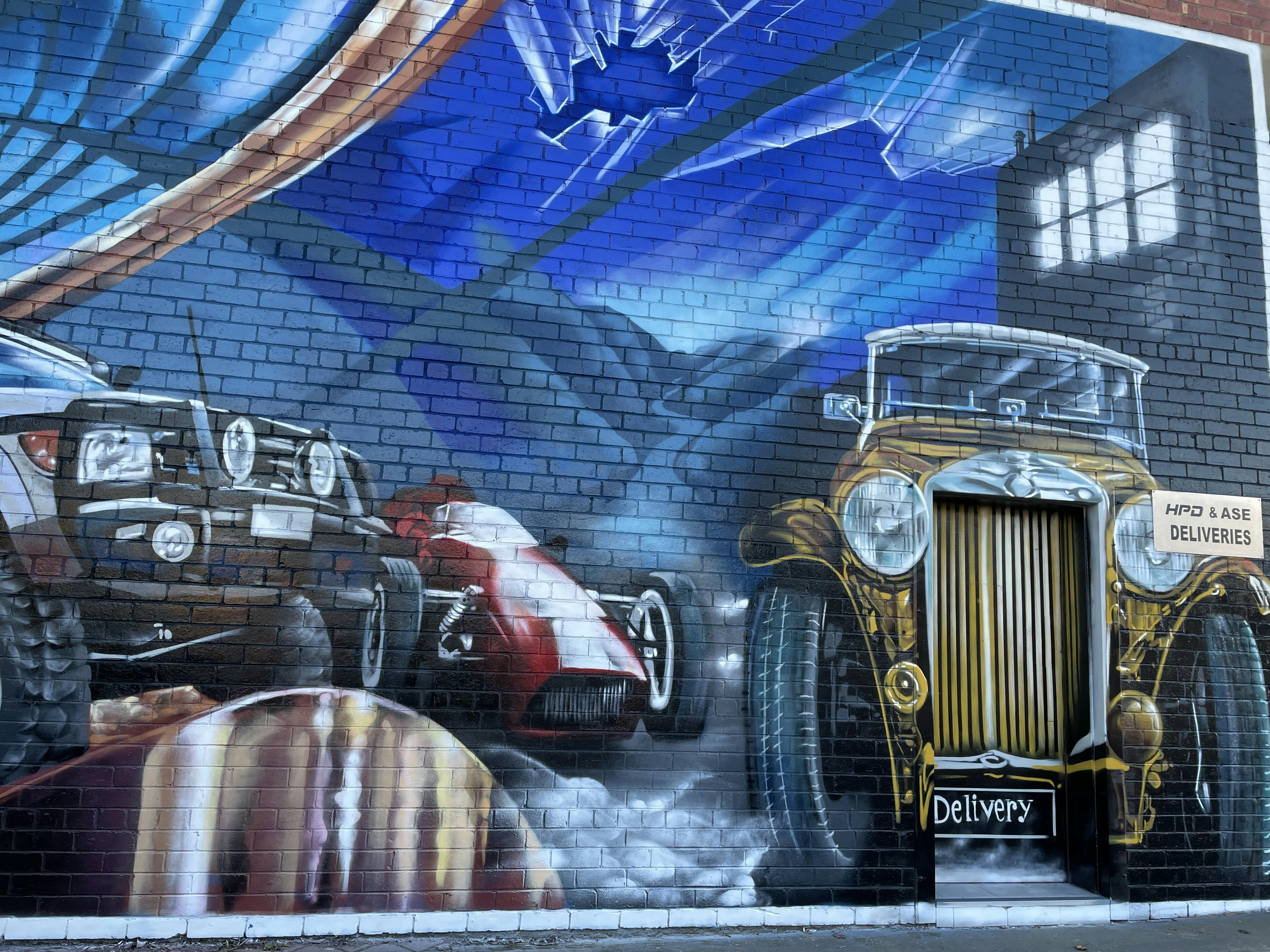 "Industrial Heritage of Edwardstown automotive mural" 2021.  Conmurra Avenue by Senman Creations. Commissioned by City of Marion