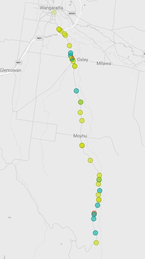 Crash locations along Wangaratta-Whitfield Road