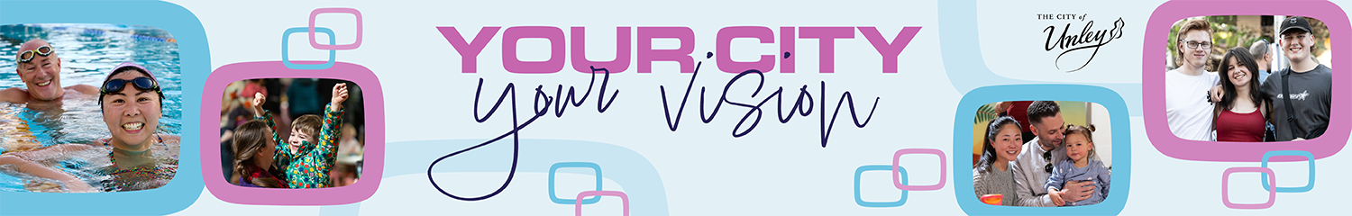 Smiling people and families and text heading of Your City Your Vision