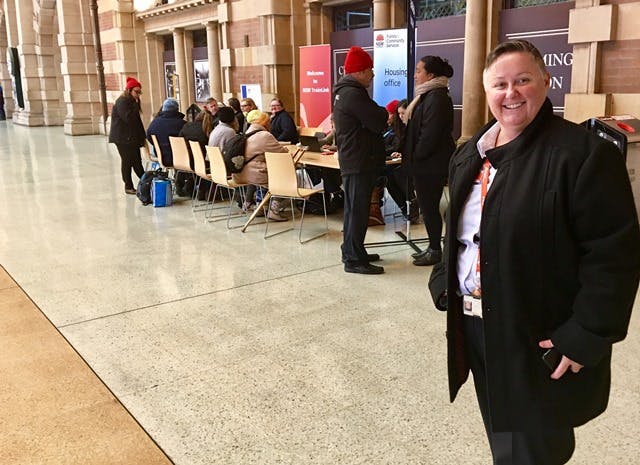 Leisa Case at Central Station beside the helpdesk for people experiencing homelessness.