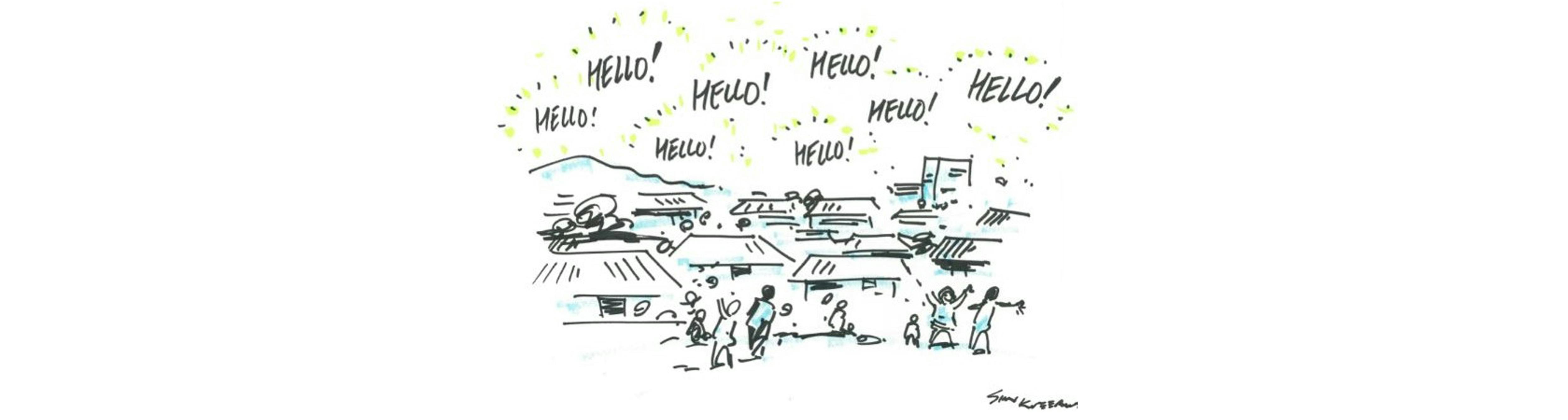 Cartoon illustration of houses people in community saying hello