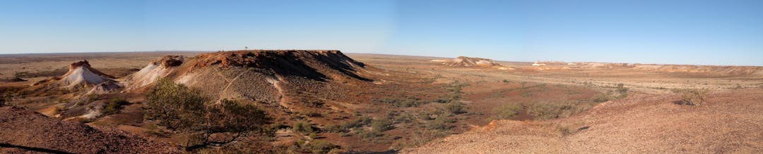 Panoramic view of Kanku-Breakaways Conservation Park outside Coober Pedy, South Australia, Australia showing mesas