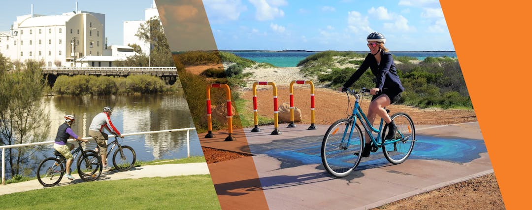 Couple riding along Avon River, Northam (credit: Tourism Western Australia) and girl riding on Turquoise Way Trail, Jurien Bay