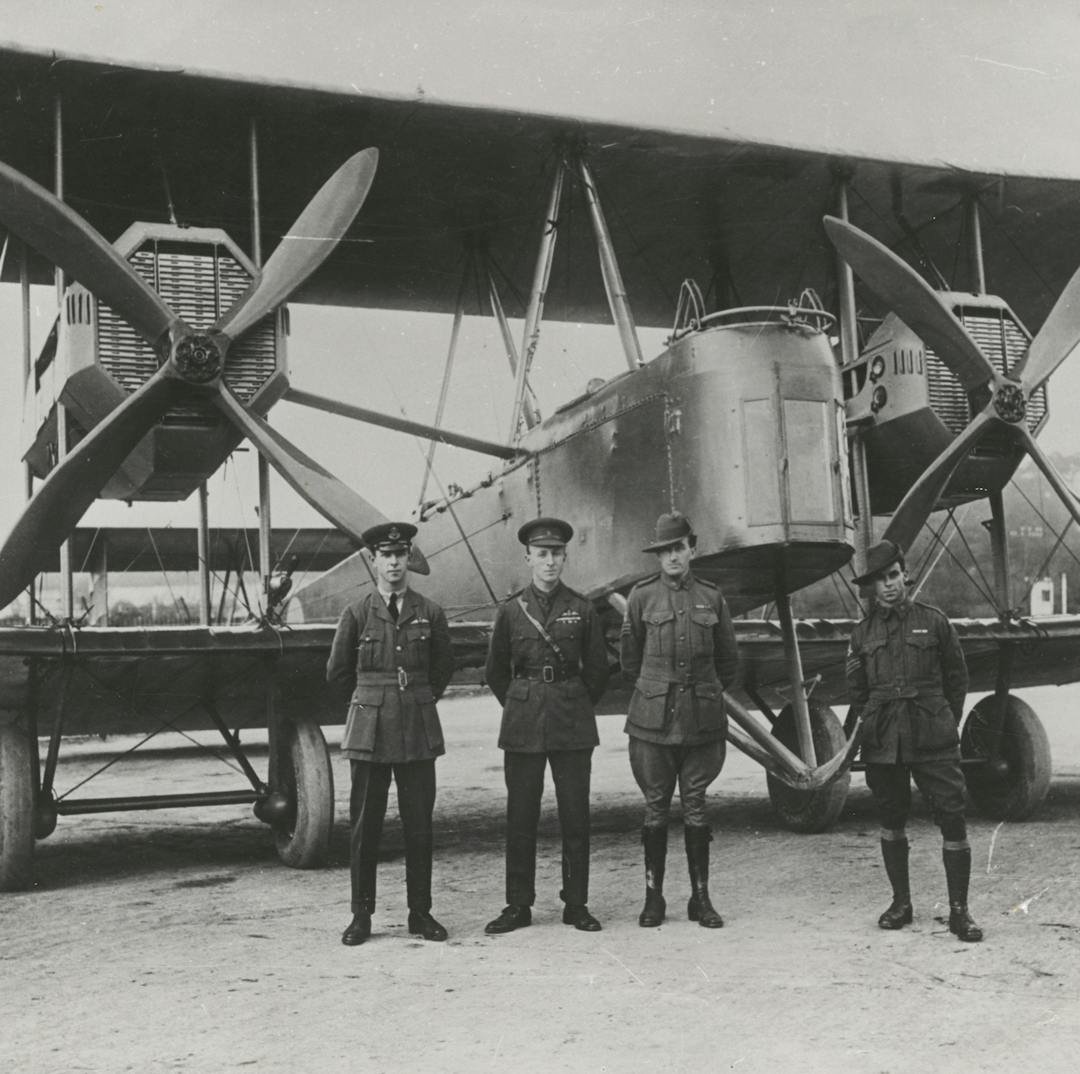 Keith Smith, Ross Smith, Wally Shiers and Jim Bennett in front of the Vickers Vimy they flew from England to Australia in 1919
