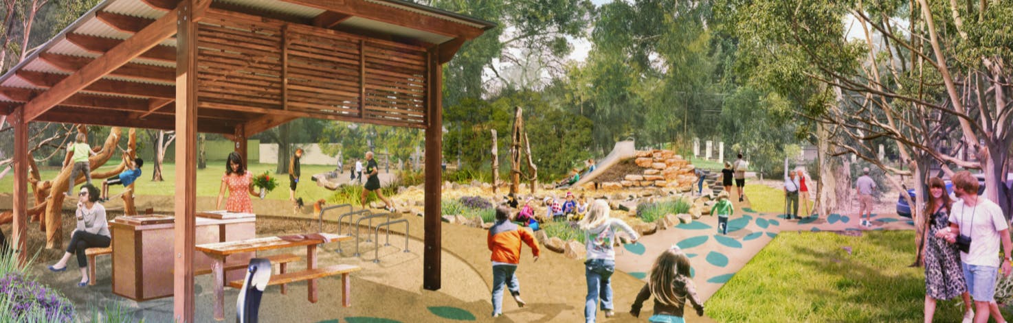 Artist impression of Botanic Reserve concept design featuring people in scene interacting in park