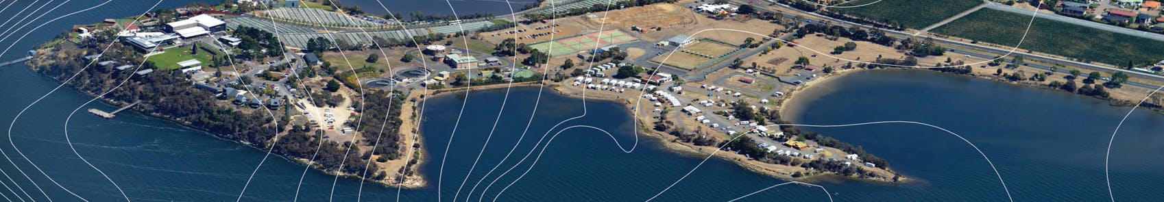 Aerial photo of Berriedale Peninsula area overlaid with contour-like white lines