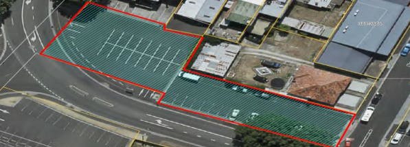 Aerial photo of the area around being consider with theMill Lane land parcels 29803/5 and 43661/1 outlined in red.