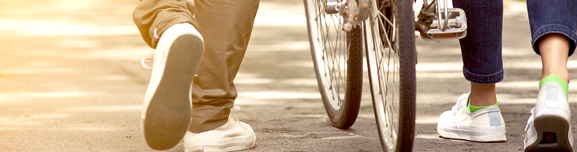 Taylors Creek Shared Pathway. A couple walk with a bike.