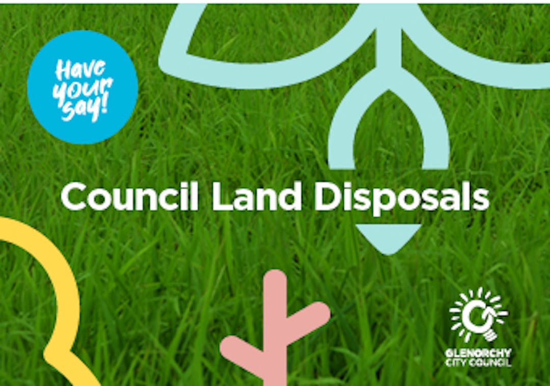 Tile with grass background and text Council Land Disposal, Have your Say and Council logo