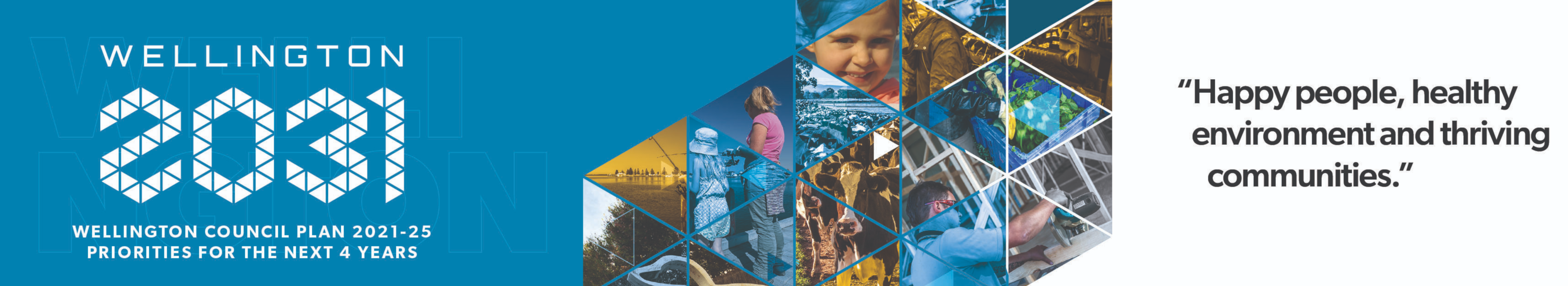 Wellington 2030 - Community Vision Check In - hexagonal images - Community Vision - "Happy People, healthy environment and thriving communities"