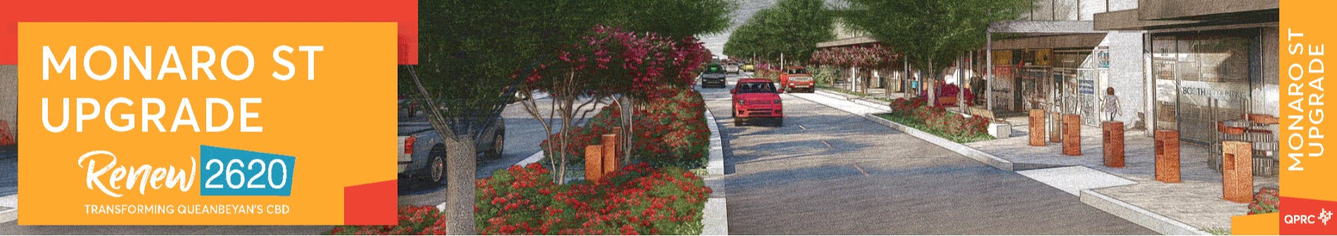 Artists impression of proposed Monaro Street upgrades showing wider footpaths, lower kerb height and traffic movements