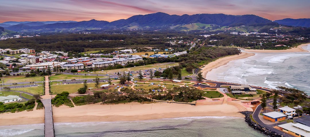 Drone Photo of Coffs Harbour Jetty area looking towards the mountains