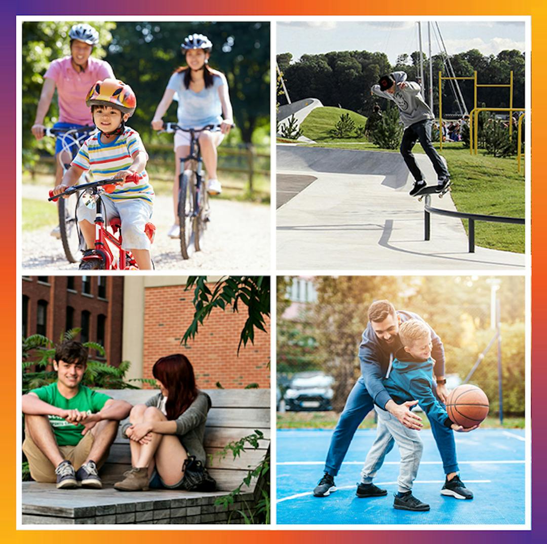 Four images of people - skateboarding, playing basketball, riding bikes, and relaxing on a wooden bench