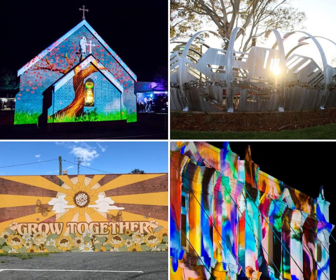 Four separate images - 2 of colourful light projections on buildings, one large sculpture, and a mural 