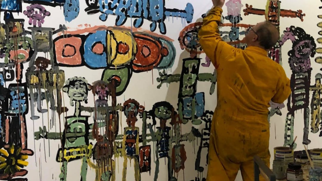 Local artist David Goebel is painting a mural on the wall of the Woolcock Gallery at the Portland Arts Centre.