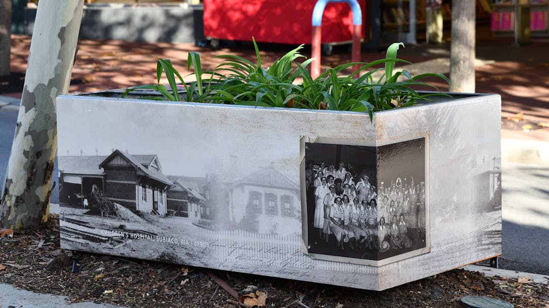 Planter box on Rokeby Road featuring historical images of Subiaco