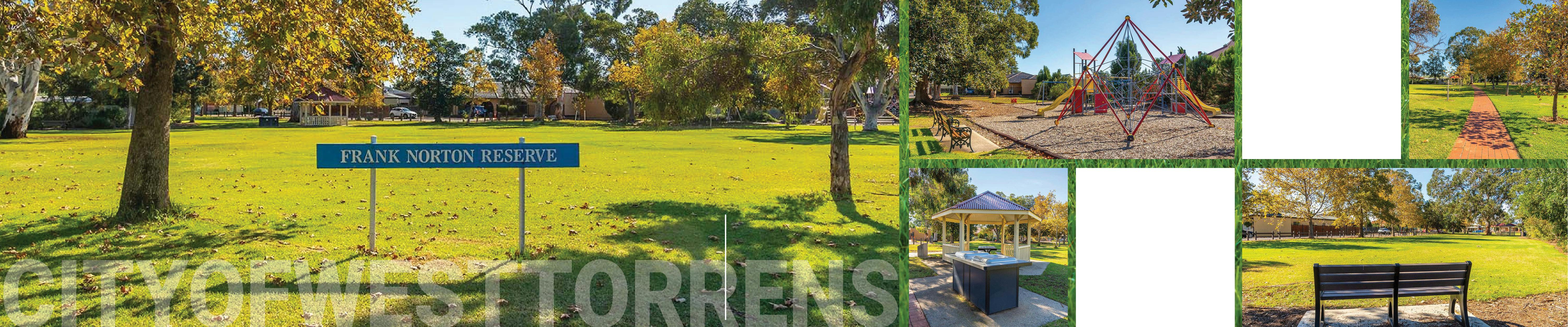 Montage of Frank Norton Reserve playground, concept plans and grass