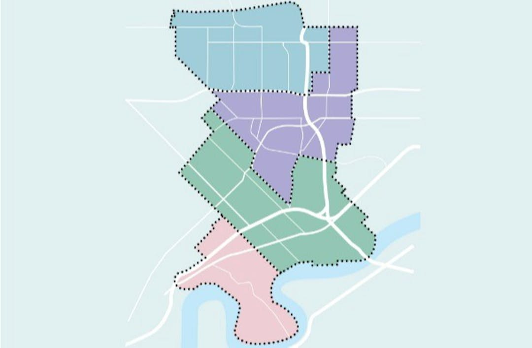 A map of the current four wards, in pastel colours