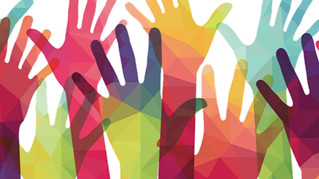 Multiple hands reaching drawn in multiple colours