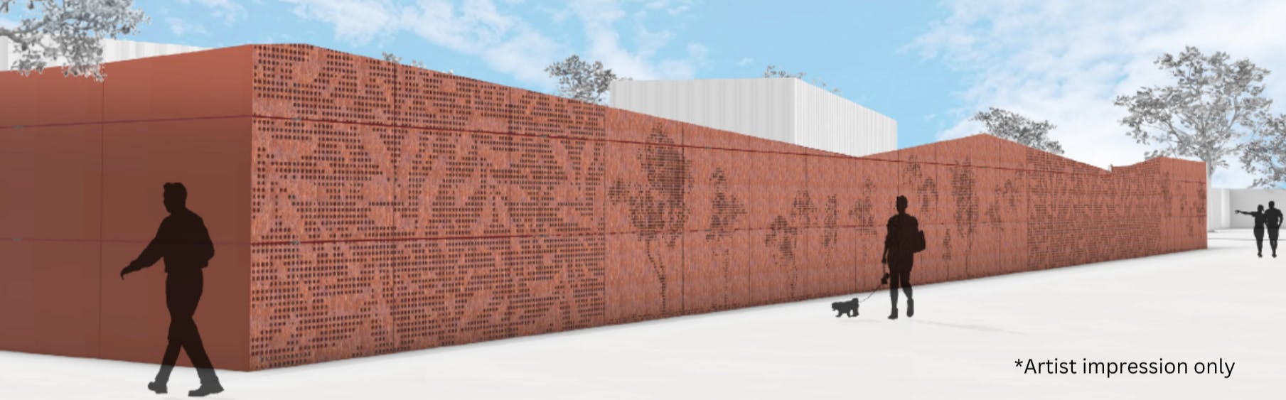 Artist impression of Ballarat East Substation showing nature inspired motifs on a multi-level orange-brown fence with people